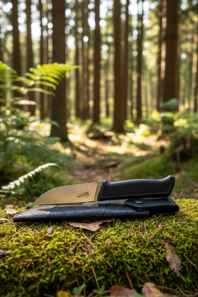 Baikal M AUS-10Co (Cryo) SW BKH LS (StoneWash, Black Kraton Handle, Leather Sheath)туристический нож