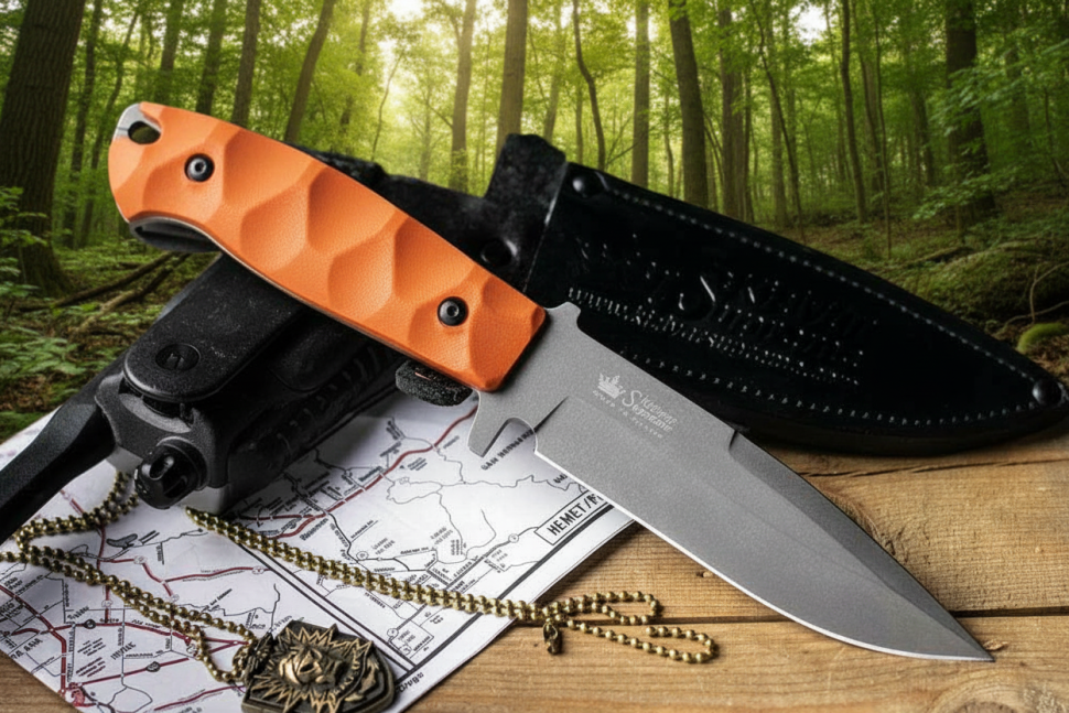 SEVERUS D2 TW G10-ORGH LS (TacWash, G10 Orange Handle, Leather Sheath) туристический нож