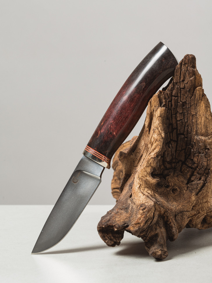 Нож охотничий Турист кузница Семина рукоять стабилизированнная карельская береза сталь PGK кожаные ножны