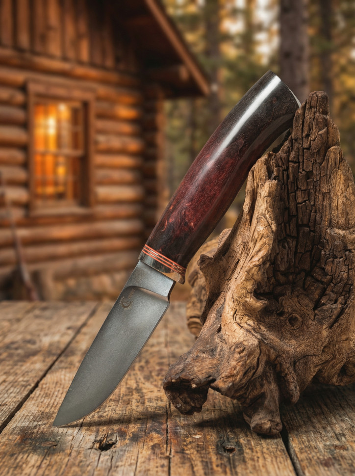 Нож охотничий Турист кузница Семина рукоять стабилизированнная карельская береза сталь PGK кожаные ножны