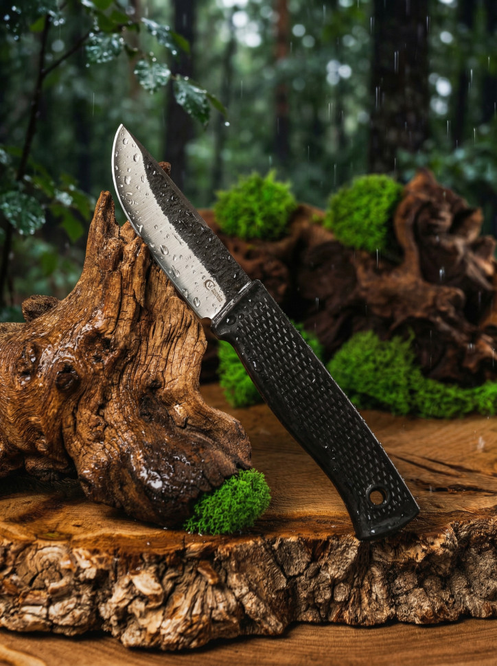 Нож Лесник, ст.Х12МФ, след ковки, рук. Elastron (черный)