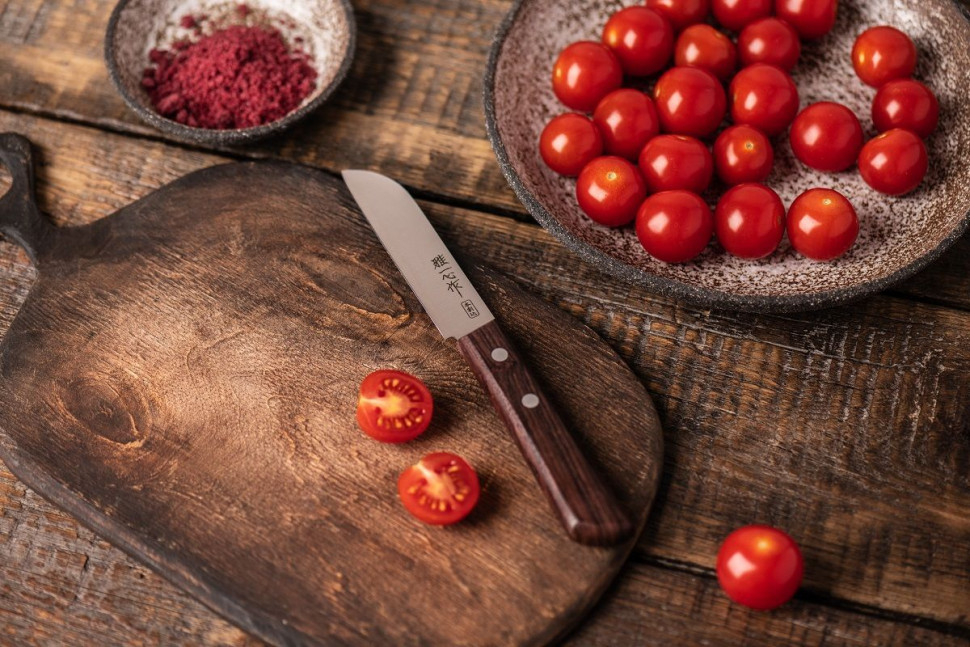 Кухонный Нож овощной Kanetsugu длина лезвия 9 см, сталь AUS-8 SUS410, 3 слоя, рукоять розовое дерево, заточка #5000