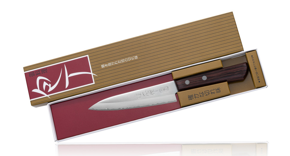 Универсальный нож Kanetsugu, длина лезвия 12,0 см, сталь AUS-8/SUS410, 3 слоя, рукоять розовое дерево, заточка #5000