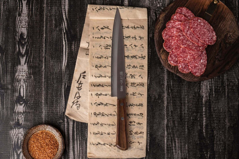 Кухонный нож для нарезки слайсер Янагиба деревянная рукоять розовое дерево сталь AUS-8 SUS410 