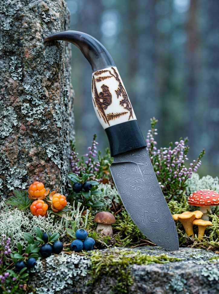 Нож Шкурник Медведь ( дамаск, рог лося, коготь медведя )