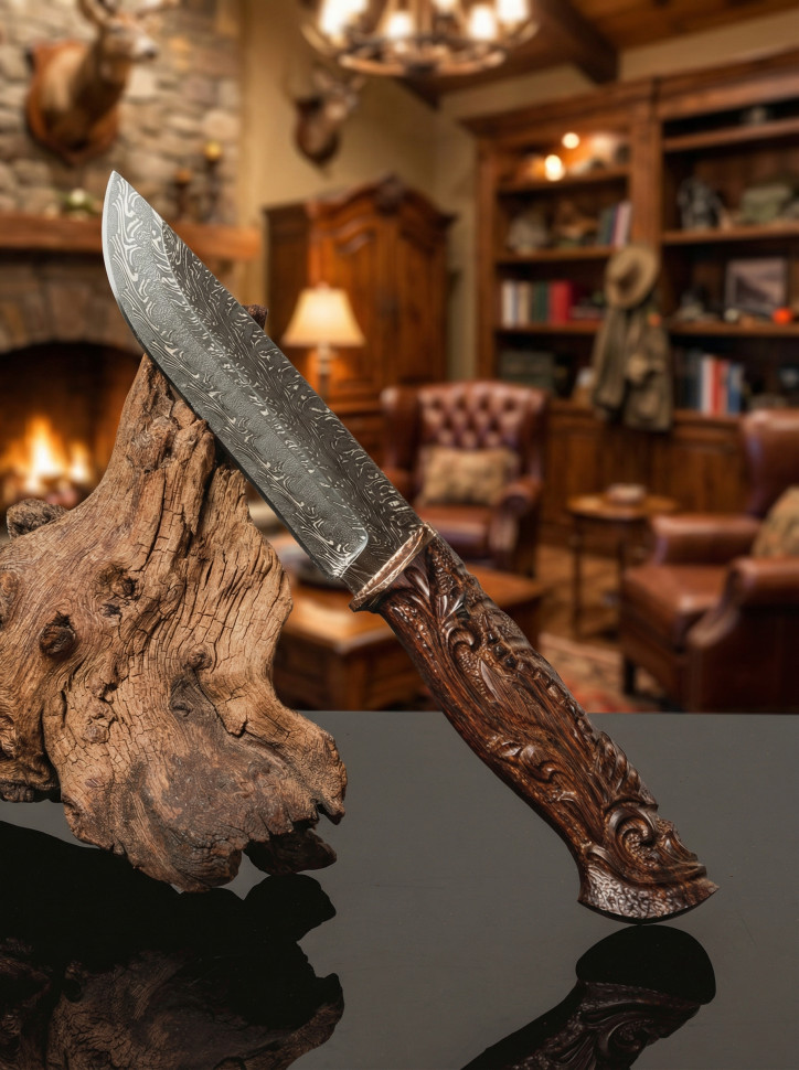 Купить нож с подставкой в подарок Москва с доставкой по России торцевой Дамаск аризонское железное дерево