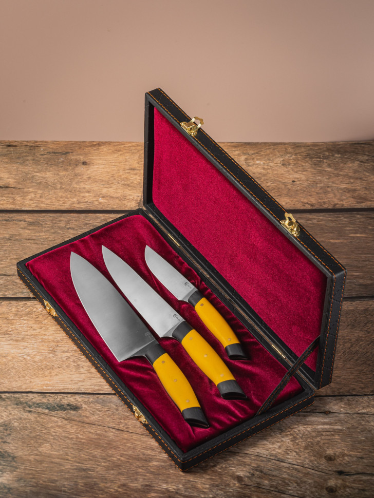 Набор кухонных ножей "Хозяин", ст.VG-10, ц.м.,рук.G10 желтый бархатная шкатулка