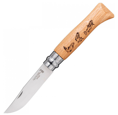 Нож OPINEL №8 ANIMALIA, нержавеющая сталь, рукоять дуб, гравировка форель 001625